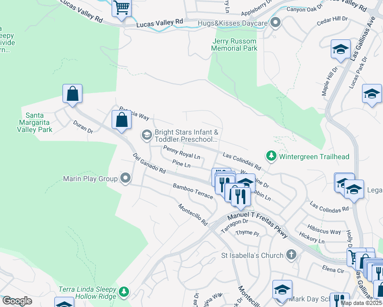 map of restaurants, bars, coffee shops, grocery stores, and more near 750 Las Colindas Road in San Rafael
