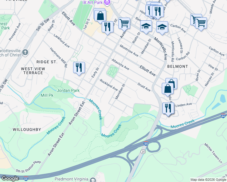 map of restaurants, bars, coffee shops, grocery stores, and more near 805 Rockland Avenue in Charlottesville