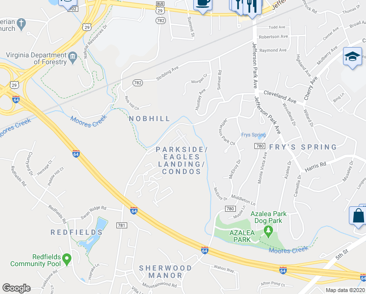 map of restaurants, bars, coffee shops, grocery stores, and more near 195 Yellowstone Drive in Charlottesville