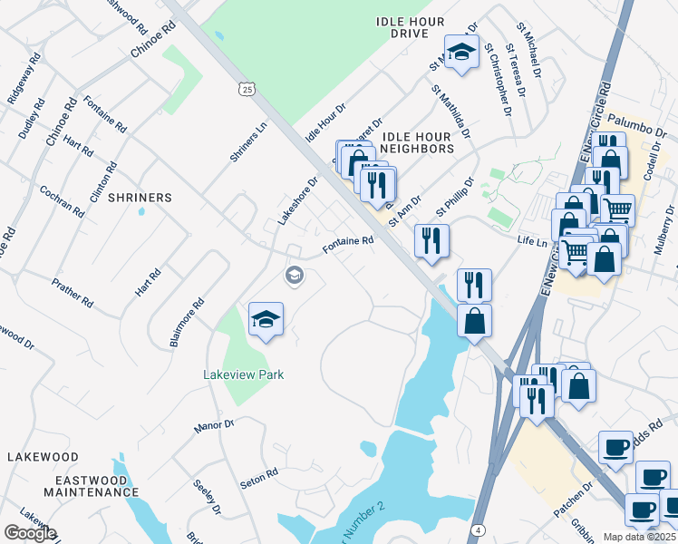 map of restaurants, bars, coffee shops, grocery stores, and more near 2216 Dinsmore Drive in Lexington