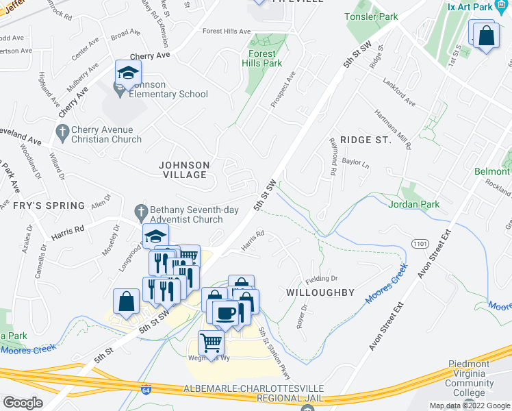 map of restaurants, bars, coffee shops, grocery stores, and more near 5th Street Southwest in Charlottesville