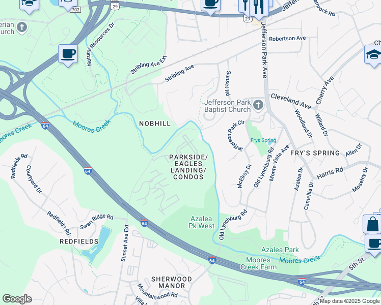 map of restaurants, bars, coffee shops, grocery stores, and more near 157 Yellowstone Drive in Charlottesville