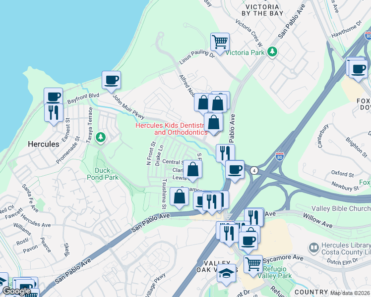 map of restaurants, bars, coffee shops, grocery stores, and more near 2216 Tsushima Street in Hercules