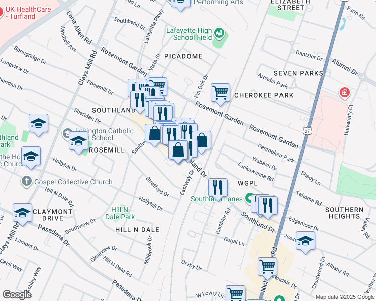 map of restaurants, bars, coffee shops, grocery stores, and more near 373 Southland Drive in Lexington