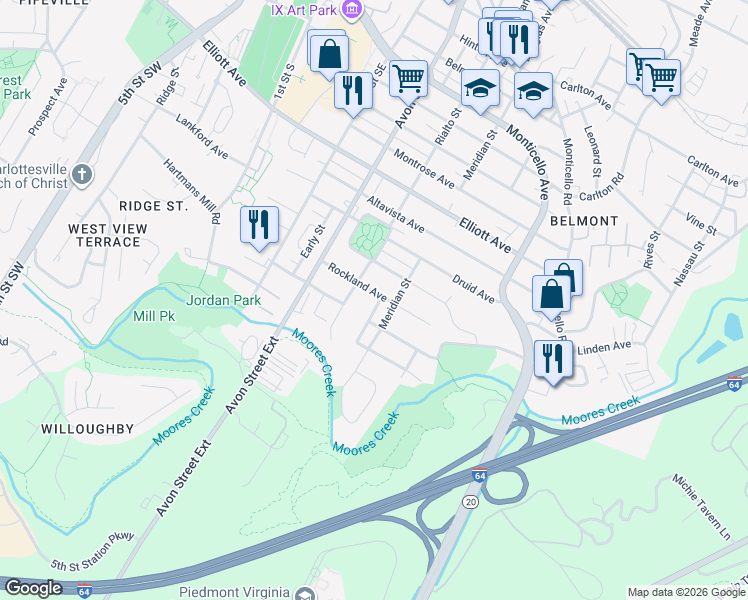 map of restaurants, bars, coffee shops, grocery stores, and more near 805 Rockland Avenue in Charlottesville