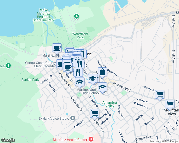 map of restaurants, bars, coffee shops, grocery stores, and more near 930 Court Street in Martinez