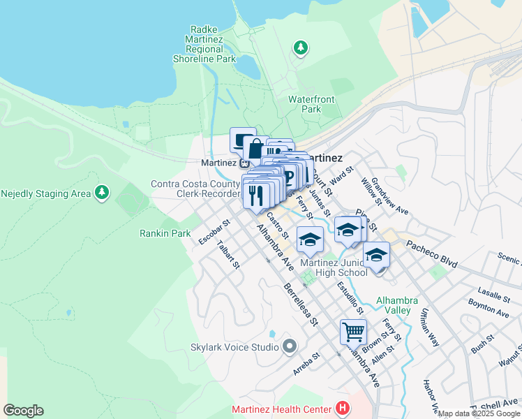 map of restaurants, bars, coffee shops, grocery stores, and more near 628 Escobar Street in Martinez