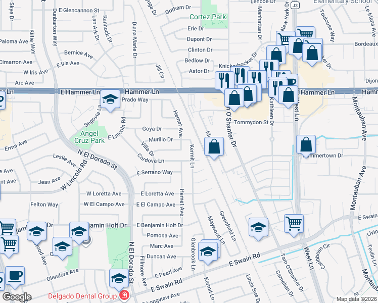 map of restaurants, bars, coffee shops, grocery stores, and more near 6933 Kermit Lane in Stockton