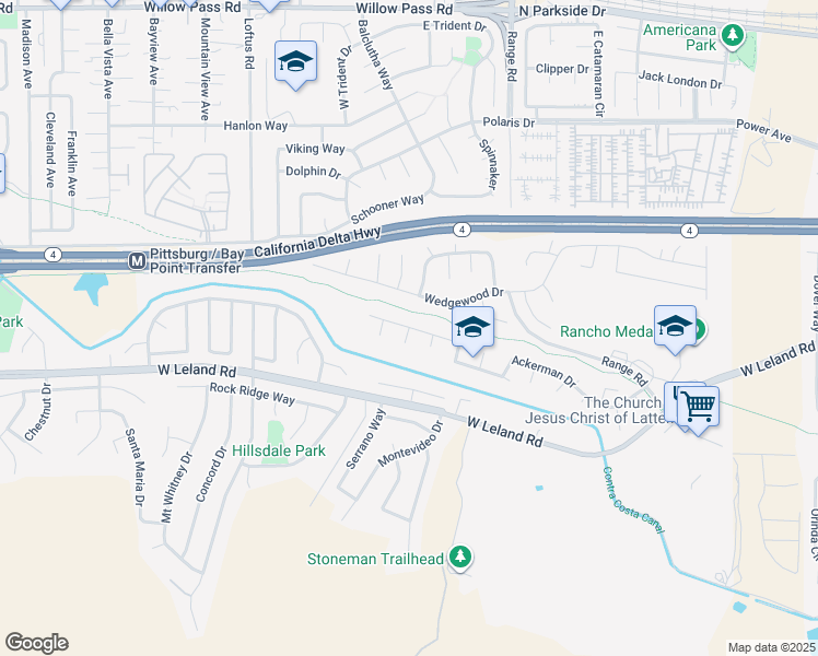 map of restaurants, bars, coffee shops, grocery stores, and more near 1350 Stockton Court in Pittsburg