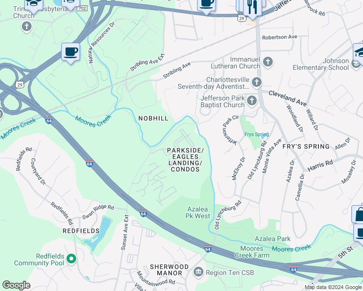 map of restaurants, bars, coffee shops, grocery stores, and more near 142 Yellowstone Drive in Charlottesville