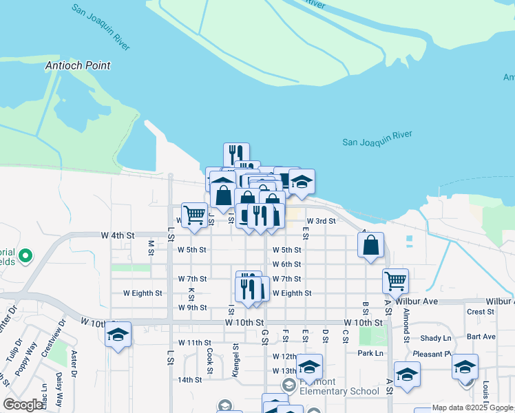 map of restaurants, bars, coffee shops, grocery stores, and more near in Antioch