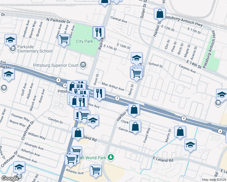 map of restaurants, bars, coffee shops, grocery stores, and more near 175 Clyde Avenue in Pittsburg