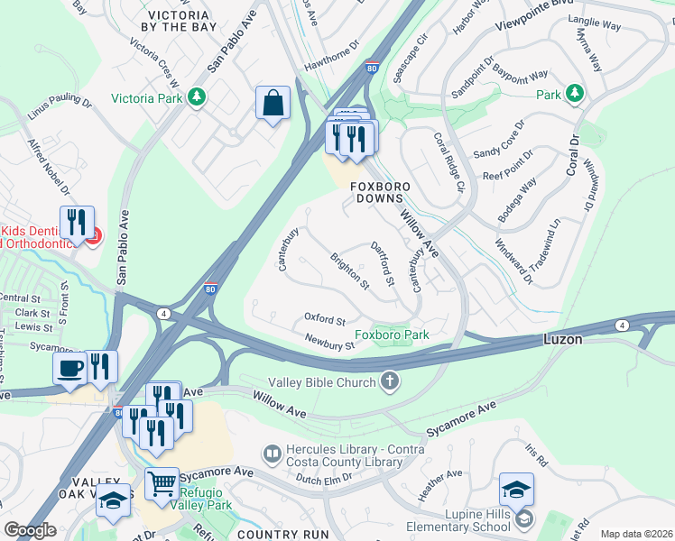 map of restaurants, bars, coffee shops, grocery stores, and more near 289 Dartford Street in Hercules
