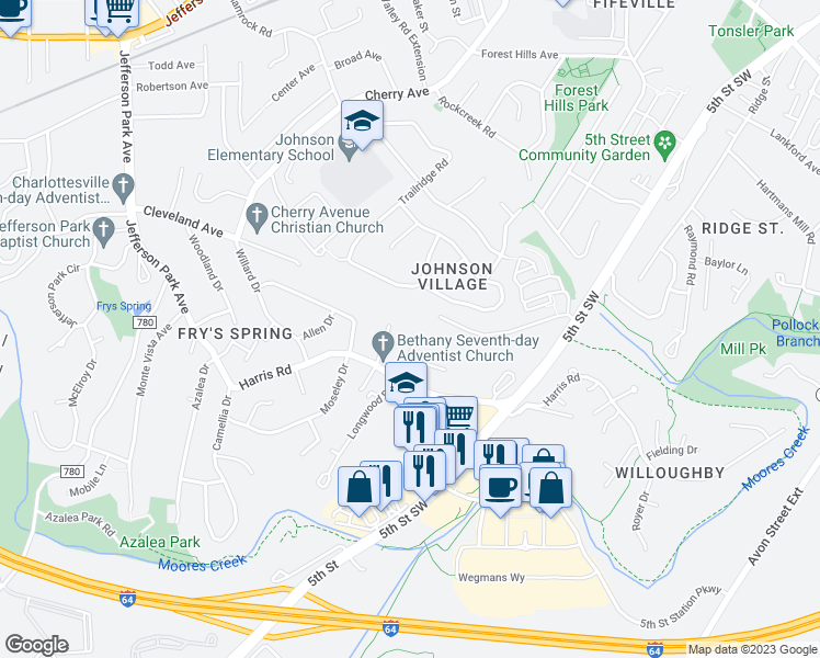 map of restaurants, bars, coffee shops, grocery stores, and more near 127 Lodge Creek Circle in Charlottesville