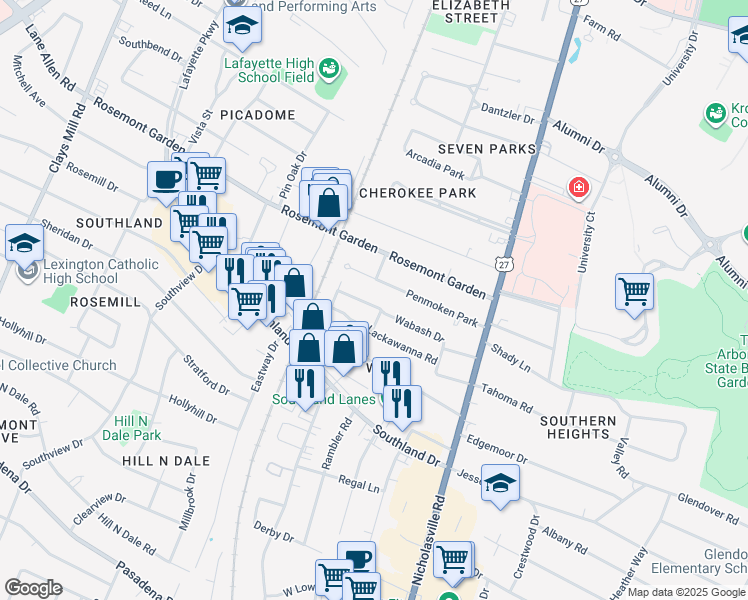map of restaurants, bars, coffee shops, grocery stores, and more near 145 Wabash Drive in Lexington
