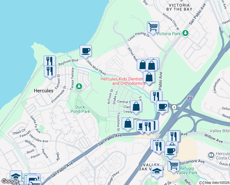 map of restaurants, bars, coffee shops, grocery stores, and more near 2105 Drake Lane in Hercules