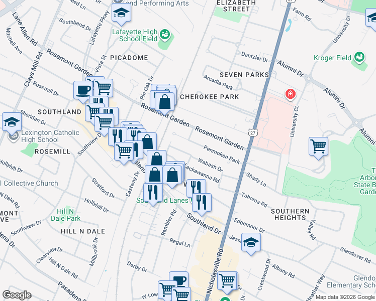 map of restaurants, bars, coffee shops, grocery stores, and more near 145 Wabash Drive in Lexington