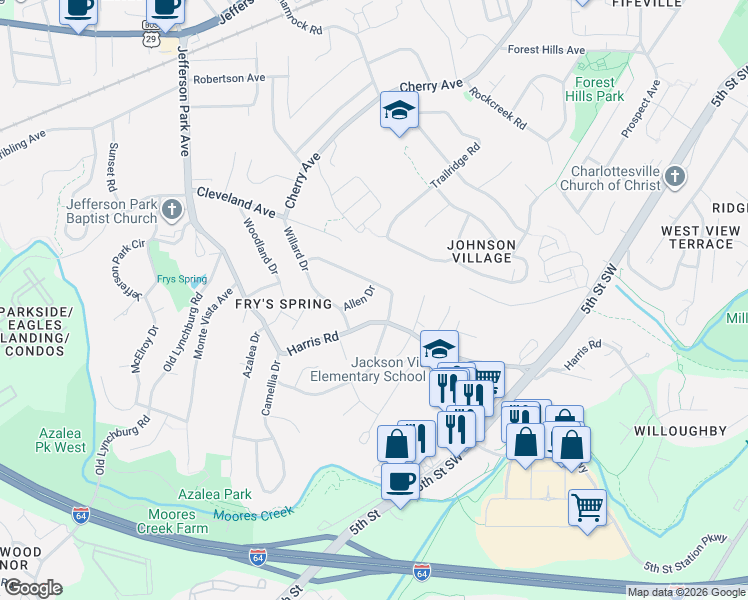 map of restaurants, bars, coffee shops, grocery stores, and more near 420-426 Moseley Drive in Charlottesville