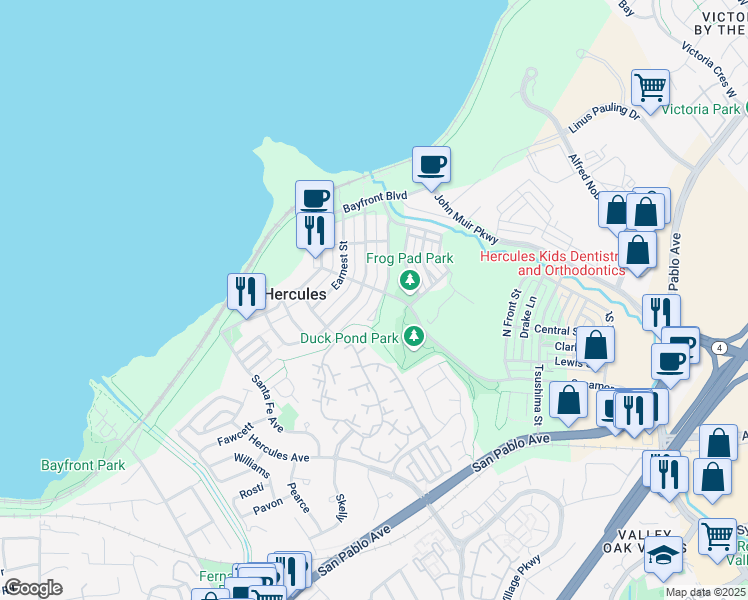 map of restaurants, bars, coffee shops, grocery stores, and more near 1136 Taraya Terrace in Hercules
