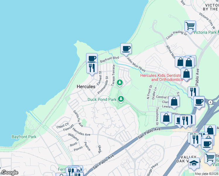 map of restaurants, bars, coffee shops, grocery stores, and more near 1136 Taraya Terrace in Hercules