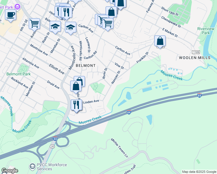 map of restaurants, bars, coffee shops, grocery stores, and more near 202 Florence Road in Charlottesville