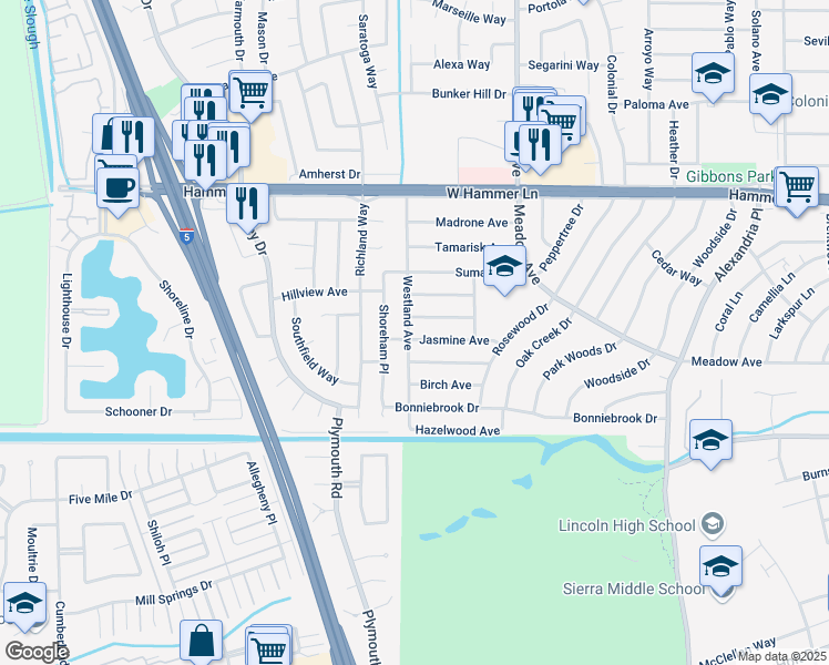 map of restaurants, bars, coffee shops, grocery stores, and more near 7329 Westland Avenue in Stockton