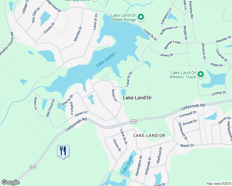 map of restaurants, bars, coffee shops, grocery stores, and more near 905 Swan Lane in Ruther Glen