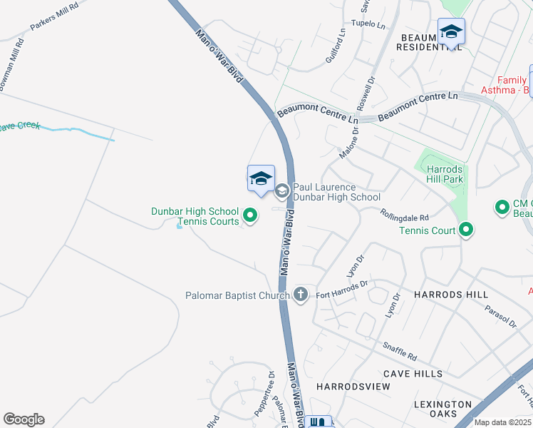map of restaurants, bars, coffee shops, grocery stores, and more near 1600 Man o' War Boulevard in Lexington