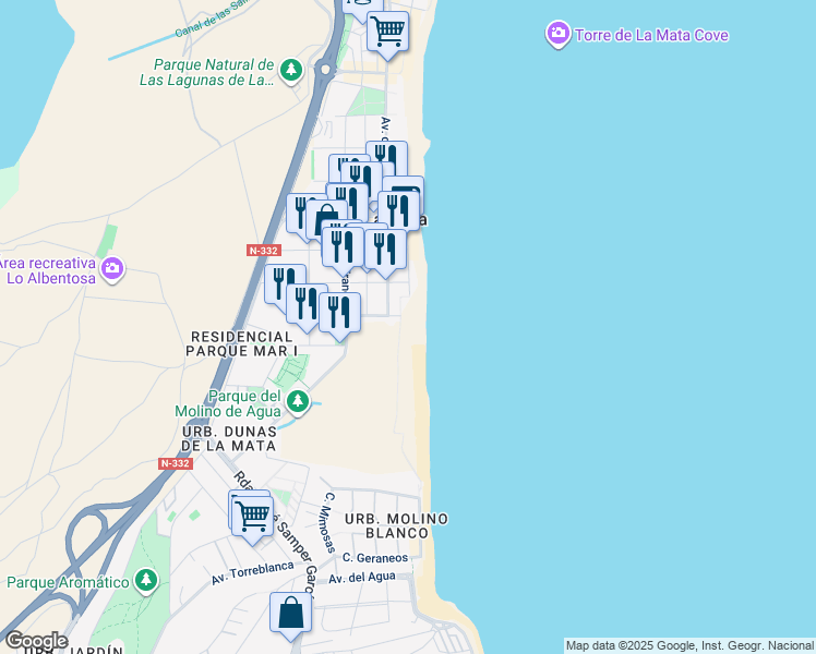 map of restaurants, bars, coffee shops, grocery stores, and more near 2 Avenida de Alemania in Torre La Mata