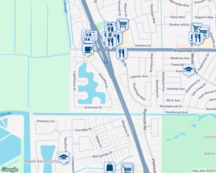 map of restaurants, bars, coffee shops, grocery stores, and more near 7338 Shoreline Drive in Stockton