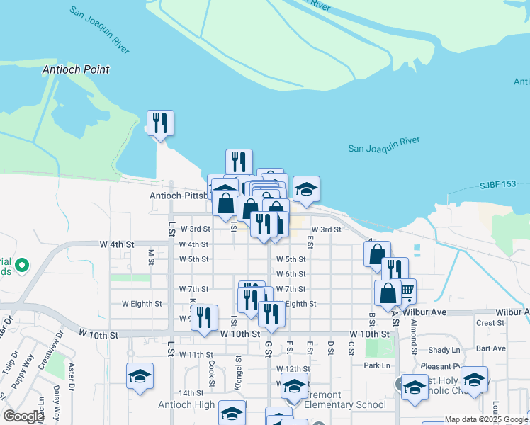 map of restaurants, bars, coffee shops, grocery stores, and more near 602 West 2nd Street in Antioch