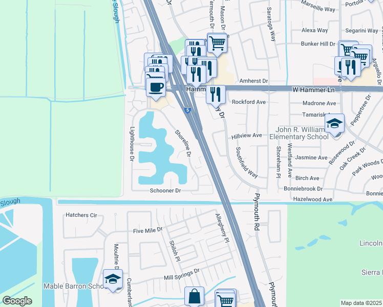 map of restaurants, bars, coffee shops, grocery stores, and more near 7338 Shoreline Drive in Stockton