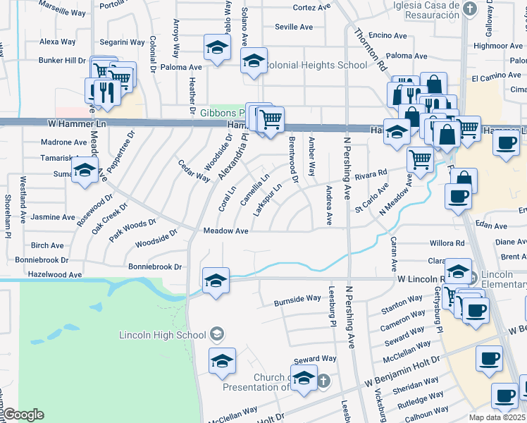 map of restaurants, bars, coffee shops, grocery stores, and more near 7418 Larkspur Lane in Stockton
