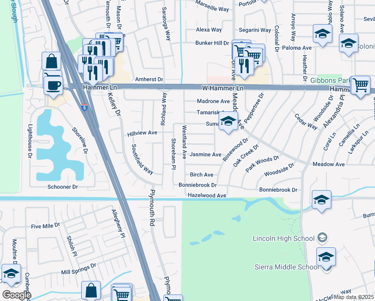 map of restaurants, bars, coffee shops, grocery stores, and more near 7329 Westland Avenue in Stockton