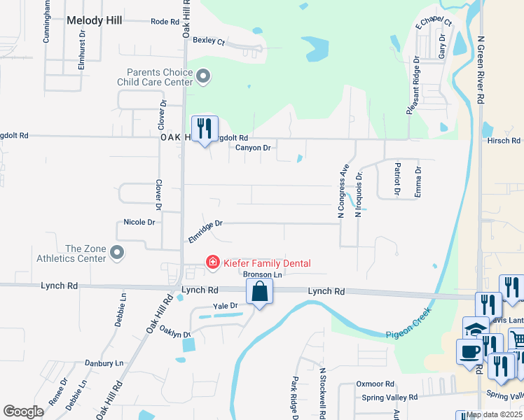 map of restaurants, bars, coffee shops, grocery stores, and more near 3624 Aspen Drive in Evansville