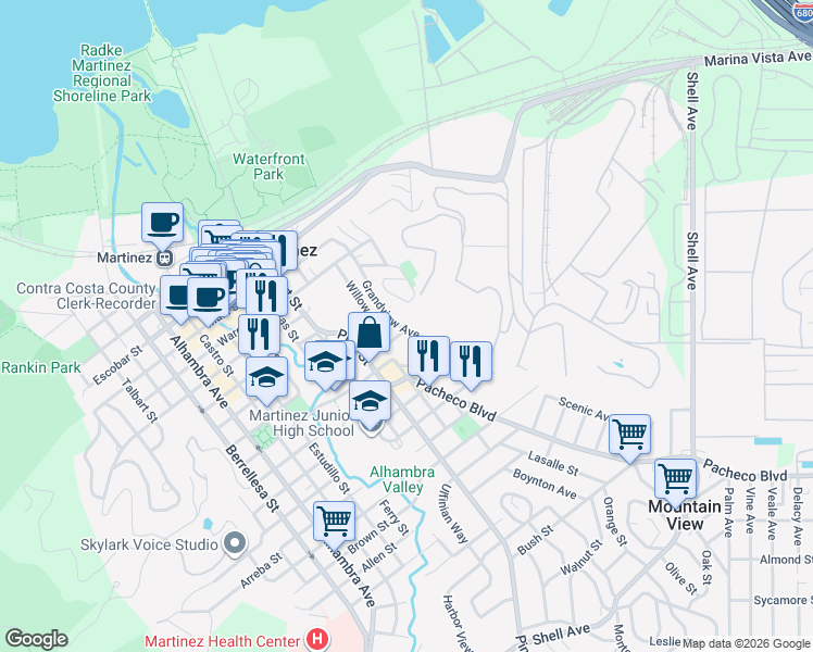 map of restaurants, bars, coffee shops, grocery stores, and more near 1033 Grandview Avenue in Martinez