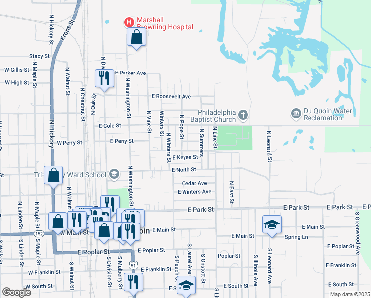 map of restaurants, bars, coffee shops, grocery stores, and more near 526 East Hope Street in Du Quoin
