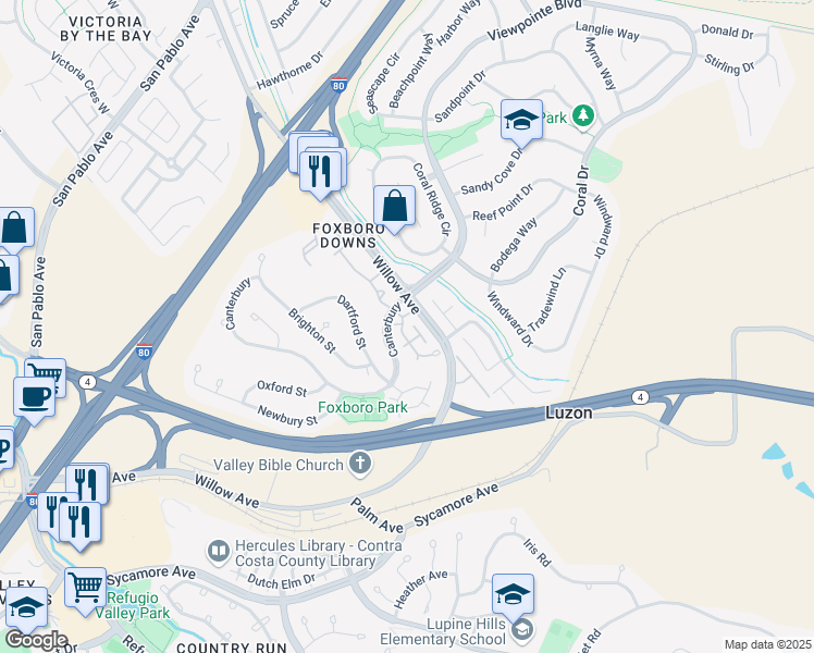 map of restaurants, bars, coffee shops, grocery stores, and more near 104 Coventry in Hercules