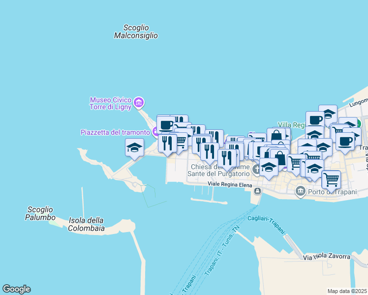 map of restaurants, bars, coffee shops, grocery stores, and more near 63 Viale delle Sirene in Trapani