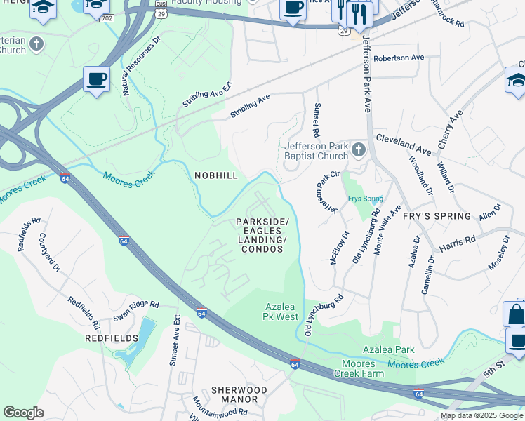 map of restaurants, bars, coffee shops, grocery stores, and more near 190 Yellowstone Drive in Charlottesville