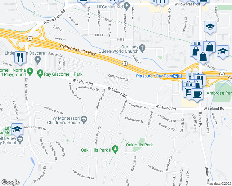 map of restaurants, bars, coffee shops, grocery stores, and more near 1424 Sanctuary Street in Pittsburg