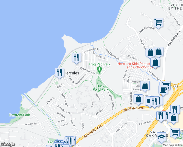 map of restaurants, bars, coffee shops, grocery stores, and more near 1142 Taraya Terrace in Hercules