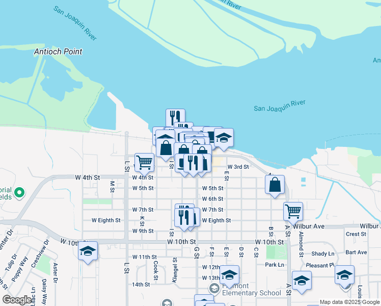 map of restaurants, bars, coffee shops, grocery stores, and more near 620 West 2nd Street in Antioch
