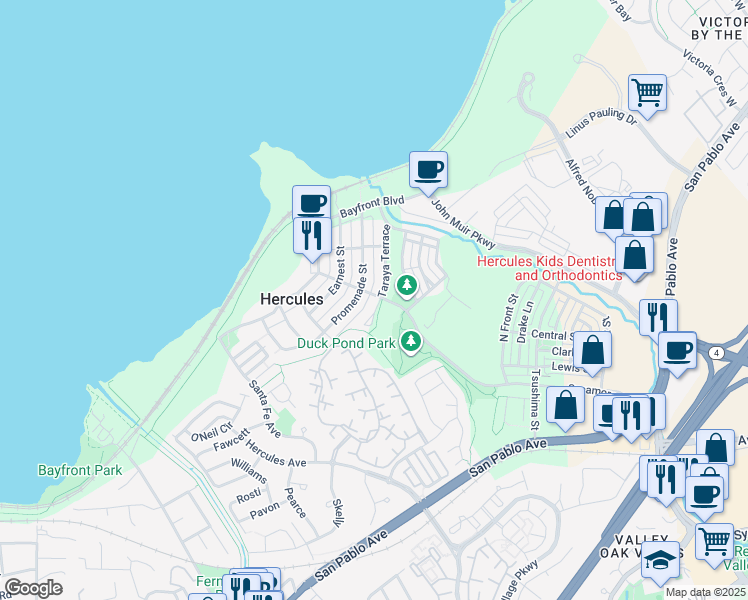 map of restaurants, bars, coffee shops, grocery stores, and more near 1142 Taraya Terrace in Hercules