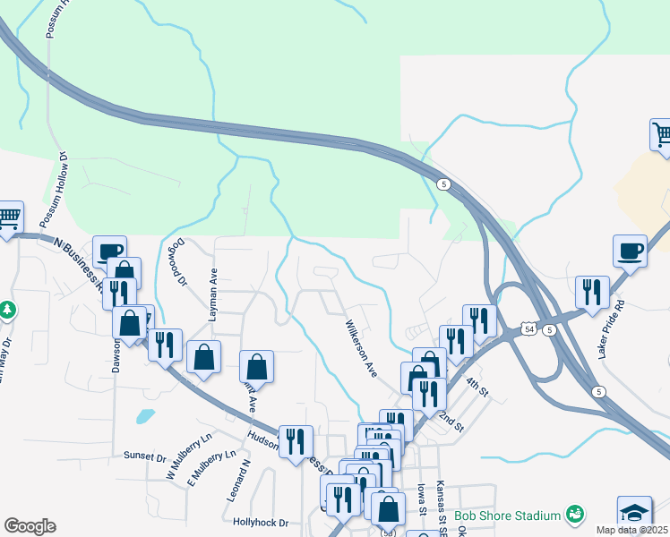 map of restaurants, bars, coffee shops, grocery stores, and more near 109 Trail Ridge Lane in Camdenton
