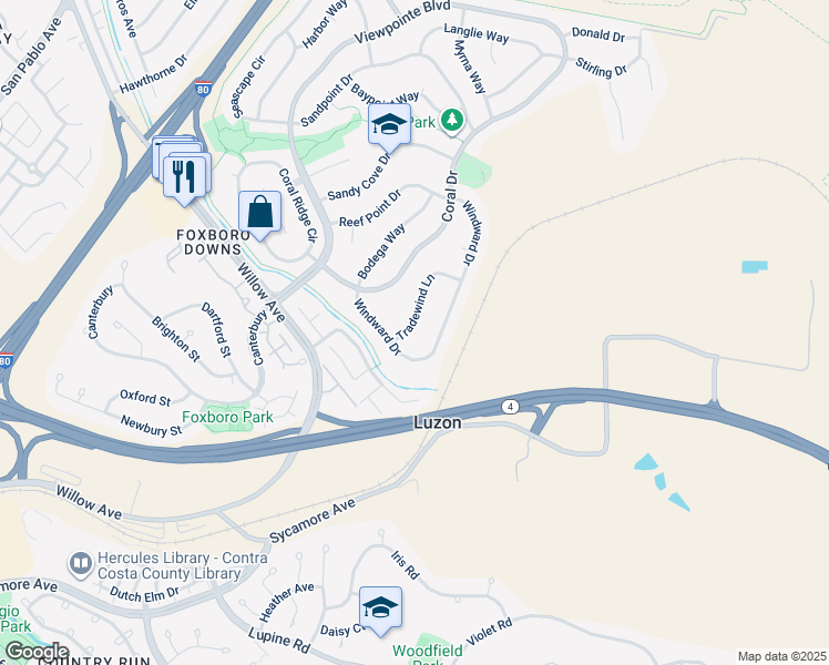 map of restaurants, bars, coffee shops, grocery stores, and more near 828 Tradewind Lane in Rodeo