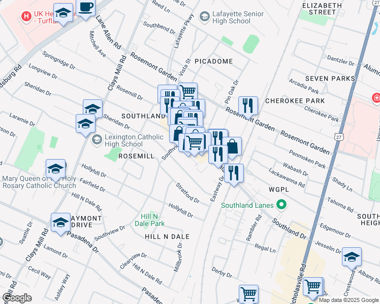 map of restaurants, bars, coffee shops, grocery stores, and more near 396 Southland Drive in Lexington