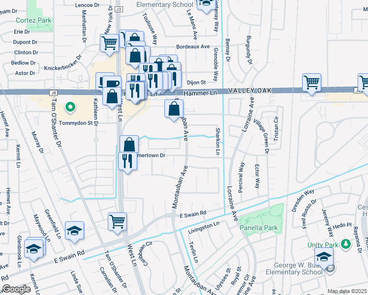 map of restaurants, bars, coffee shops, grocery stores, and more near 6939 Montauban Avenue in Stockton