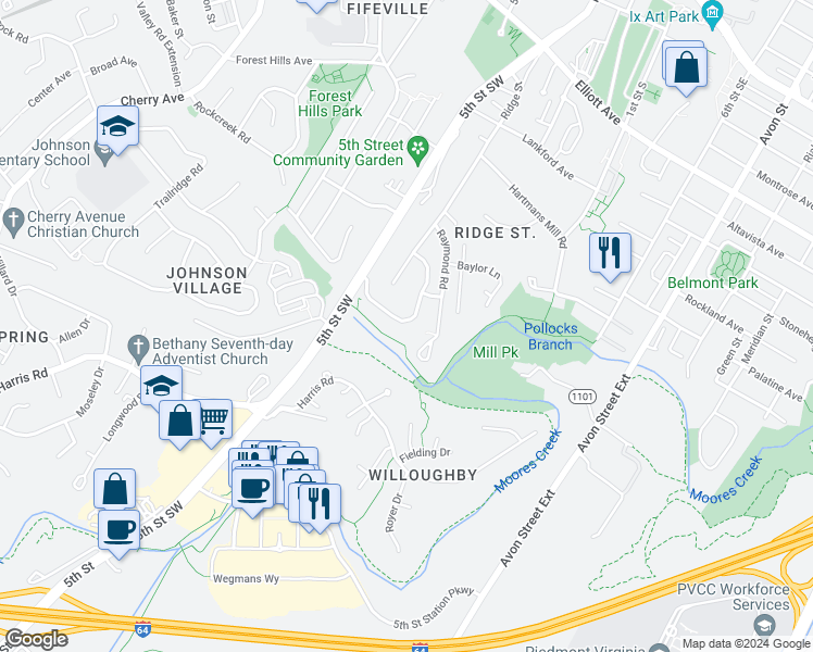 map of restaurants, bars, coffee shops, grocery stores, and more near 178 Brookwood Drive in Charlottesville