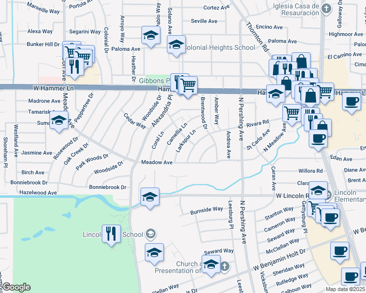map of restaurants, bars, coffee shops, grocery stores, and more near 7412 Larkspur Lane in Stockton